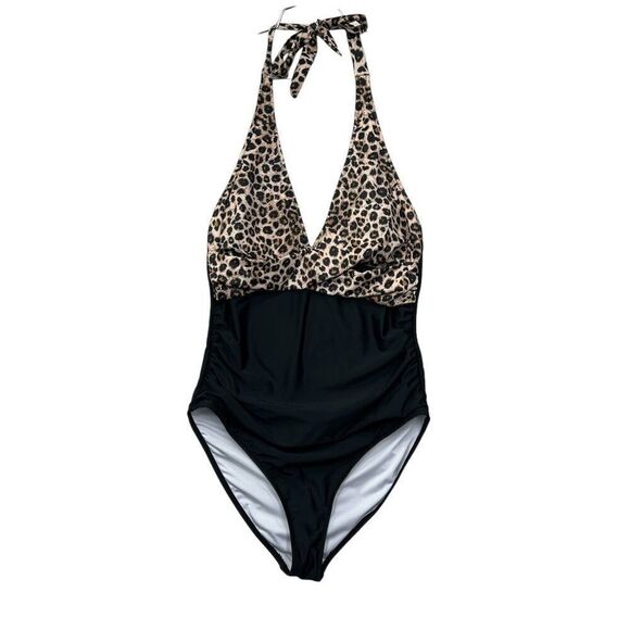 Women's Size Large Black Leopard Pring One Piece Swimsuit - Picture 1 of 7
